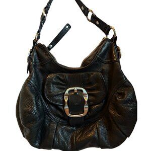 B. Makowsky Black Pebbled Leather Hobo Shoulder Bag Large Buckle Slouchy